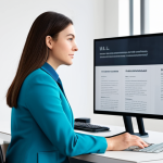 A professional woman in a modest business casual outfit, fully clothed, seated at a sleek desk in a modern, brightly lit office. She is looking thoughtfully at a large monitor displaying a meticulously designed website with an exemplary typographic hierarchy, showcasing distinct, legible headings (H1, H2, H3) and well-spaced paragraph text. The background features minimalist office decor with a subtle abstract art piece. professional photography, high resolution, clear focus, perfect anatomy, correct proportions, well-formed hands, proper finger count, natural body proportions, natural pose, appropriate attire, professional dress, safe for work, appropriate content, family-friendly.