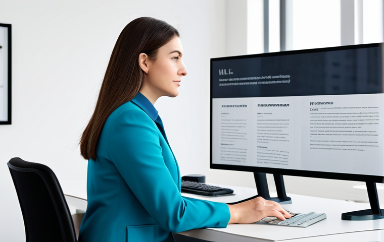 A professional woman in a modest business casual outfit, fully clothed, seated at a sleek desk in a modern, brightly lit office. She is looking thoughtfully at a large monitor displaying a meticulously designed website with an exemplary typographic hierarchy, showcasing distinct, legible headings (H1, H2, H3) and well-spaced paragraph text. The background features minimalist office decor with a subtle abstract art piece. professional photography, high resolution, clear focus, perfect anatomy, correct proportions, well-formed hands, proper finger count, natural body proportions, natural pose, appropriate attire, professional dress, safe for work, appropriate content, family-friendly.