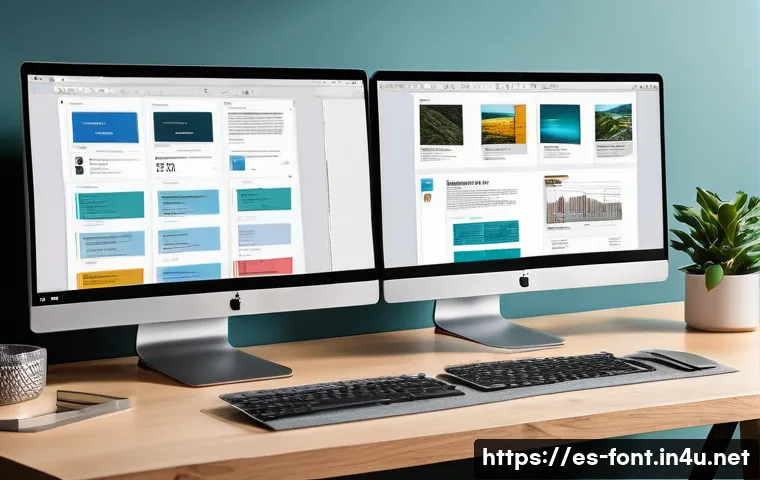 폰트 관리 소프트웨어 추천 - A modern, sleek workspace featuring a dual-monitor setup displaying a font management software inter...