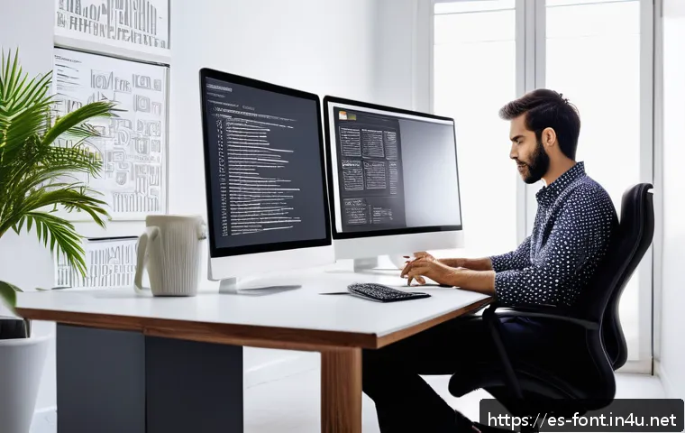 폰트 사용 시 발생할 수 있는 법적 문제 - A professional graphic designer working in a modern, well-lit office in Spain, surrounded by multipl...