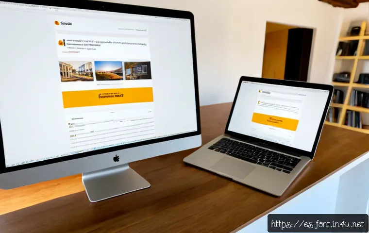 폰트 사용이 SEO에 미치는 영향 - Photorealistic Spanish web designer in a bright Barcelona-style home office, comparing two laptop we...